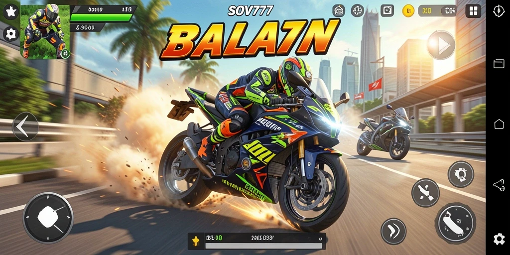 Gameplay seru SOV777 dengan balapan motor cepat.
